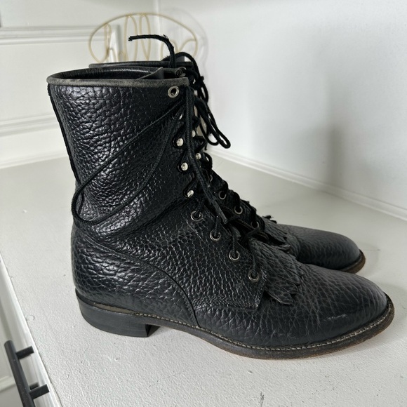 Vintage Justin Roper Boot Men 9 Slim Black Pebbled Leather Lace-Up Kiltie Cowboy - Picture 4 of 8